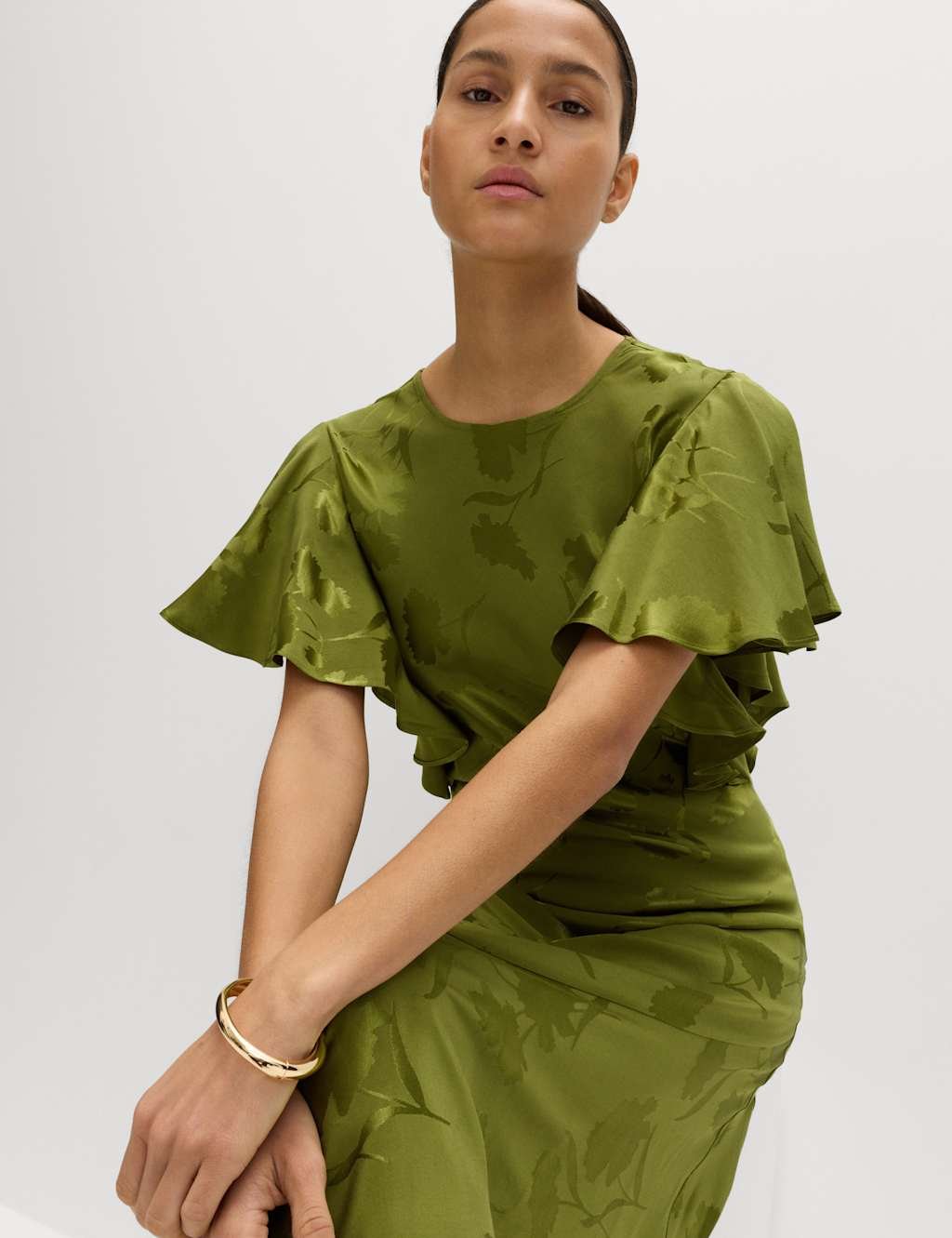 Marks & Spencer M&S Floral Jacquard Angel Sleeve Midaxi Dress Green Mix - 2