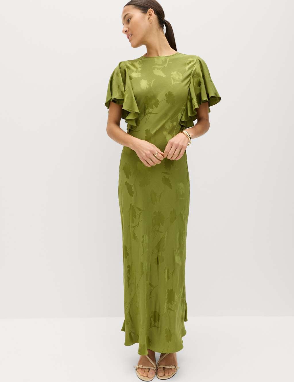 Marks & Spencer M&S Floral Jacquard Angel Sleeve Midaxi Dress Green Mix - 3