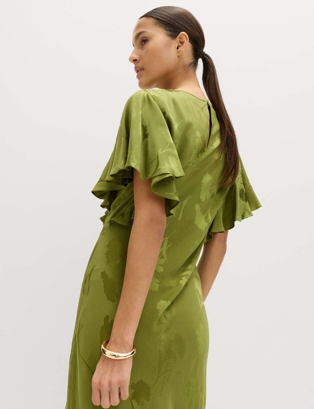 Marks & Spencer M&S Floral Jacquard Angel Sleeve Midaxi Dress Green Mix - 4