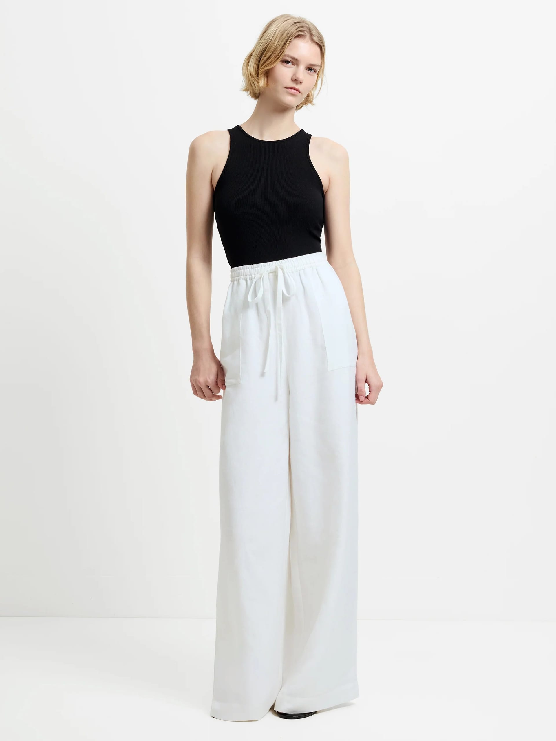 French Connection White Linen Wide Leg Trousers