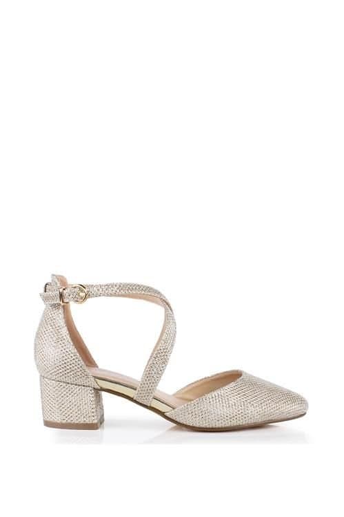 Paradox London Paradox London Women's Glitter 'Francis' Mid Block Heel Wide Fit Court Shoes in Metallic Gold