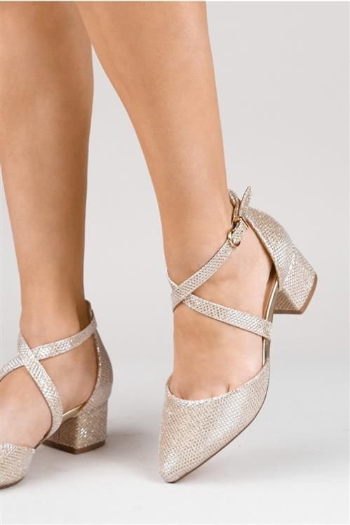 Paradox London Paradox London Women's Glitter 'Francis' Mid Block Heel Wide Fit Court Shoes in Metallic Gold - 4