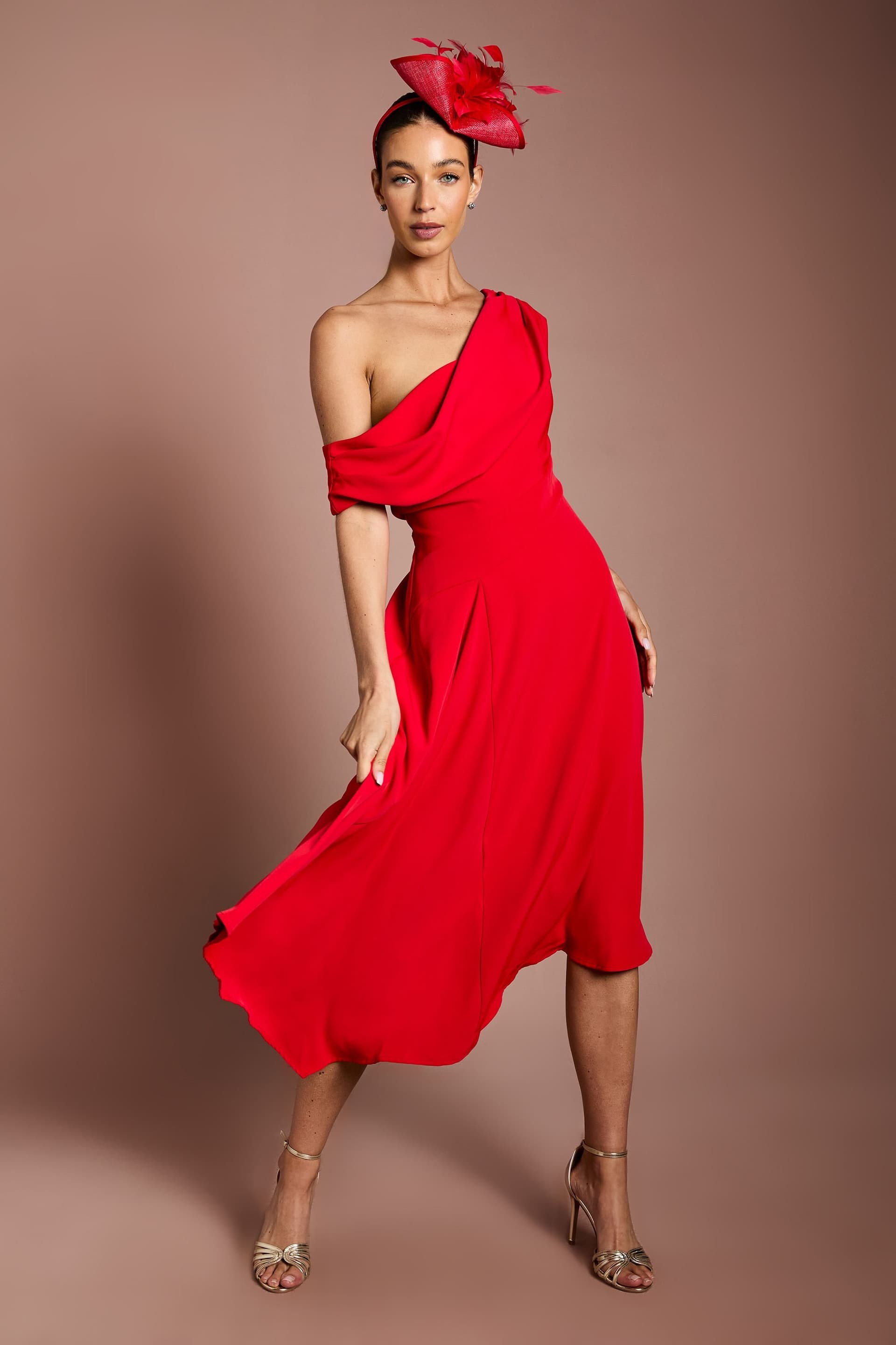 Coast Coast Women's Off The Shoulder Asymmetric Lightweight Crepe Midi Dress in Flame Red