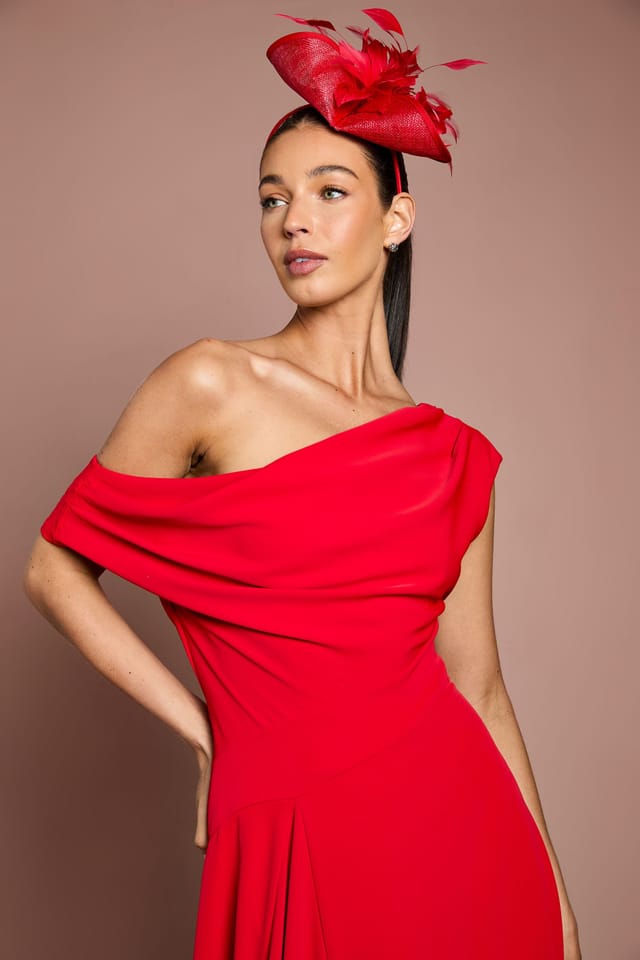 Coast Coast Women's Off The Shoulder Asymmetric Lightweight Crepe Midi Dress in Flame Red - 2