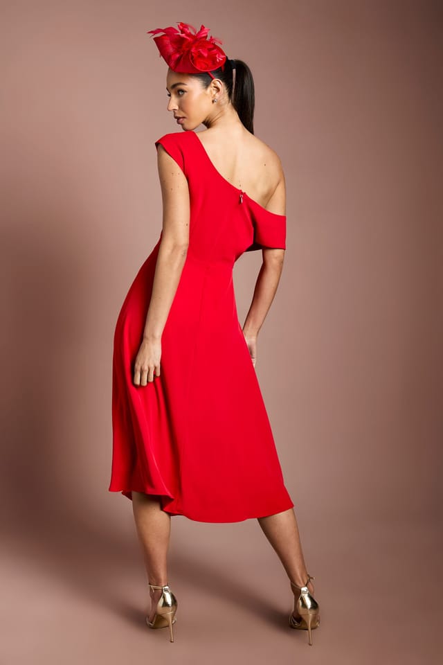 Coast Coast Women's Off The Shoulder Asymmetric Lightweight Crepe Midi Dress in Flame Red - 3