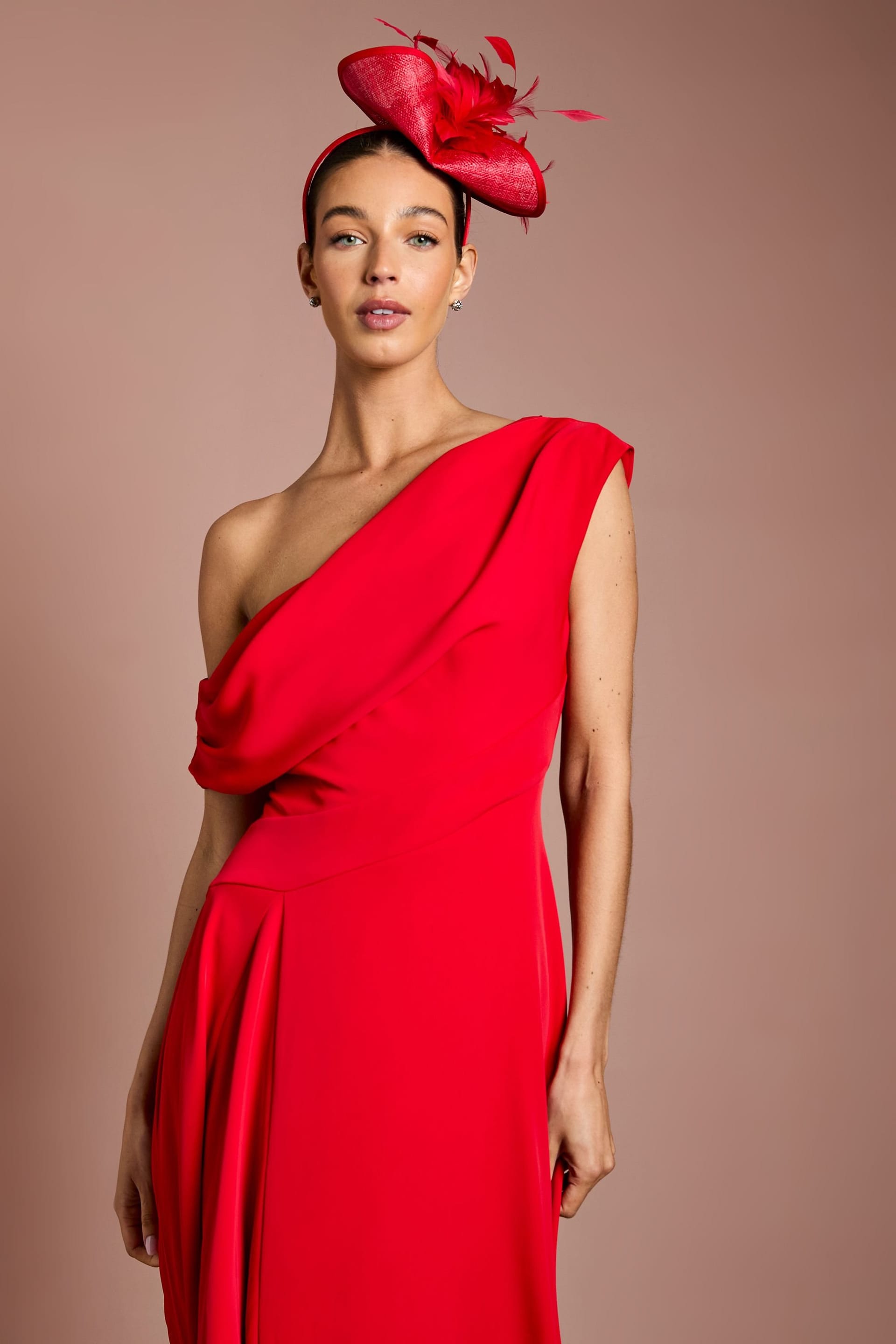 Coast Coast Women's Off The Shoulder Asymmetric Lightweight Crepe Midi Dress in Flame Red - 4