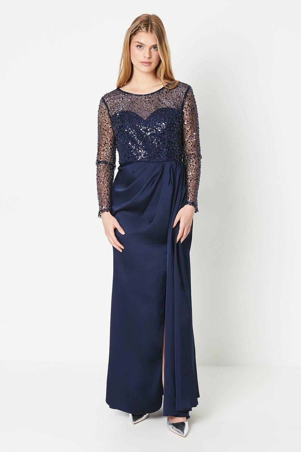 Debut London Debut London Women's by Coast Long Sleeve Satin Skirt Prom Dress in Navy