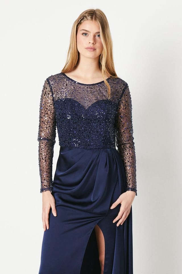 Debut London Debut London Women's by Coast Long Sleeve Satin Skirt Prom Dress in Navy - 2