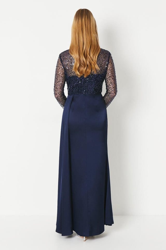Debut London Debut London Women's by Coast Long Sleeve Satin Skirt Prom Dress in Navy - 3
