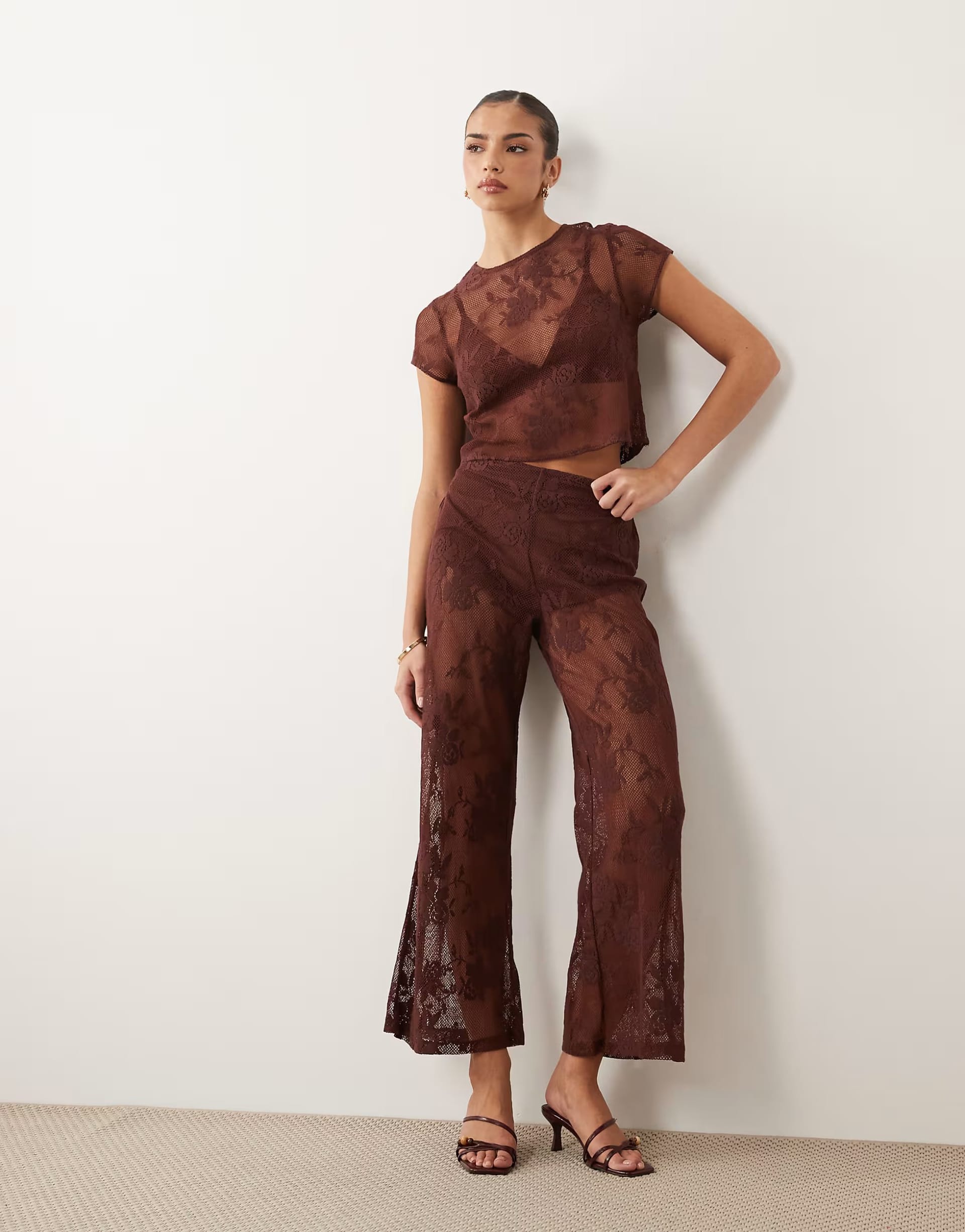 ASOS DESIGN Co-Ord Crochet Floral Lace Baby Tee and Flare