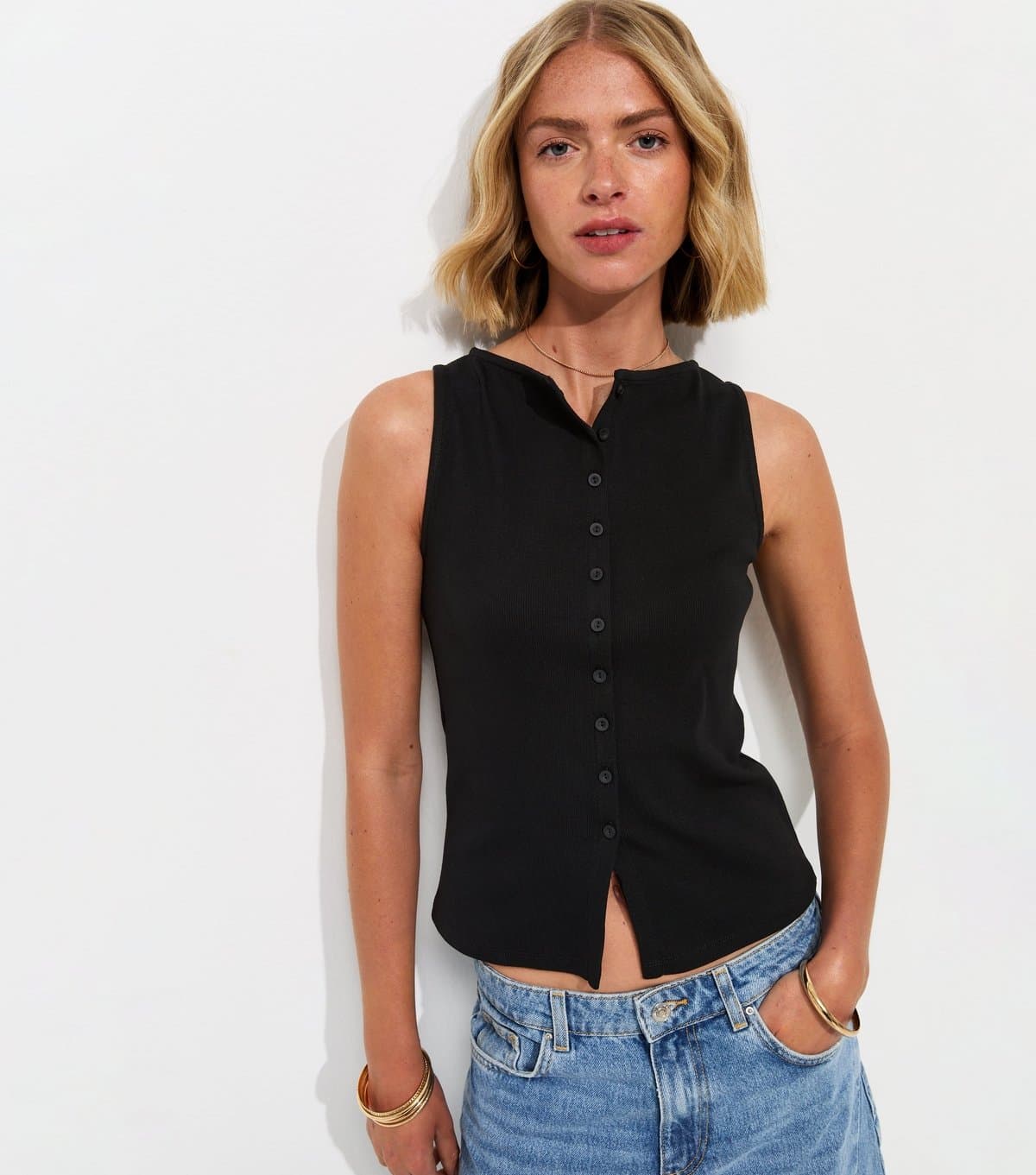 New Look New Look Black Cotton Rich Button Through Tank Top