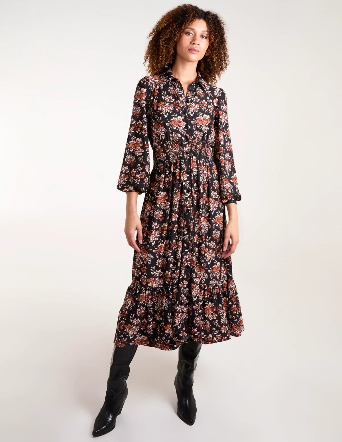 Blue Vanilla Shirred Waist Floral Midi Shirt Dress