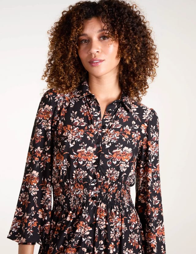 Blue Vanilla Shirred Waist Floral Midi Shirt Dress - 2