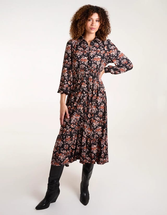 Blue Vanilla Shirred Waist Floral Midi Shirt Dress - 3