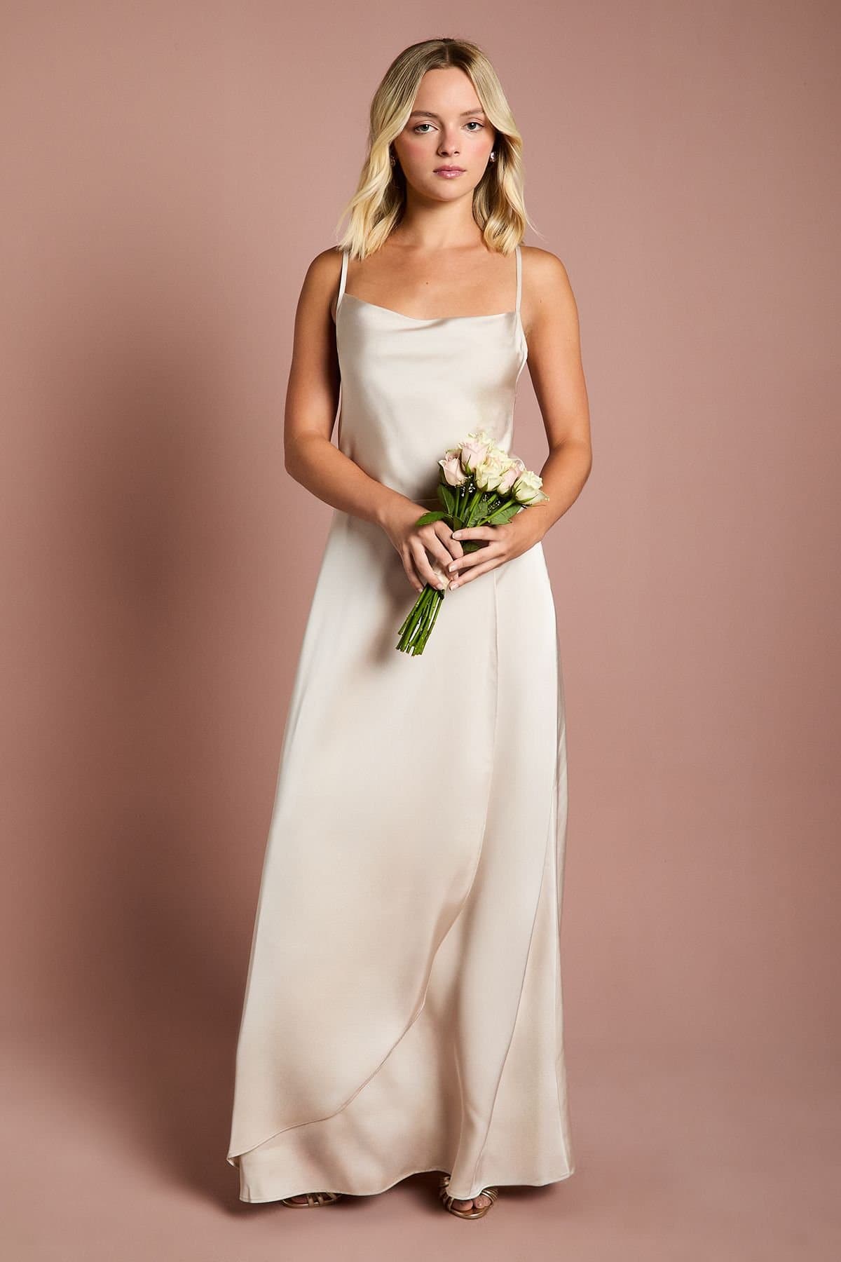 Coast Coast Women's Teen Cowl Front Waterfall Skirt Bridesmaid Dress in Champagne