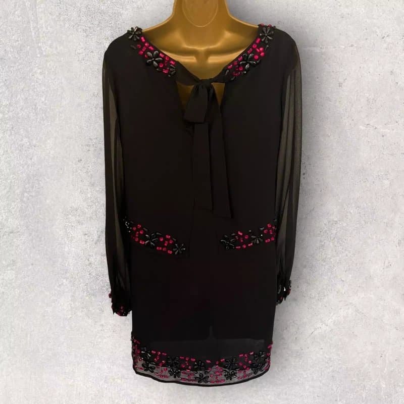 M&Co M&Co Womens Black Chiffon Floral Gem Overlay Shift Long Sleeve Mini Dress UK 8