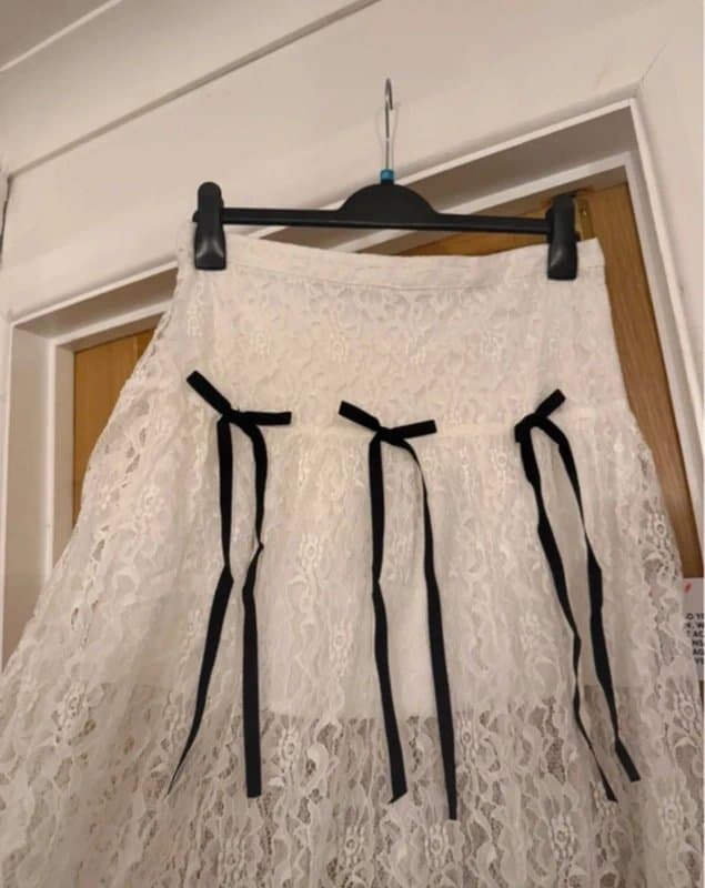 ASOS ASOS Miss Selfridge White Lace Tiered Smock Black Ribbon Bow Detail Maxi Skirt UK 14