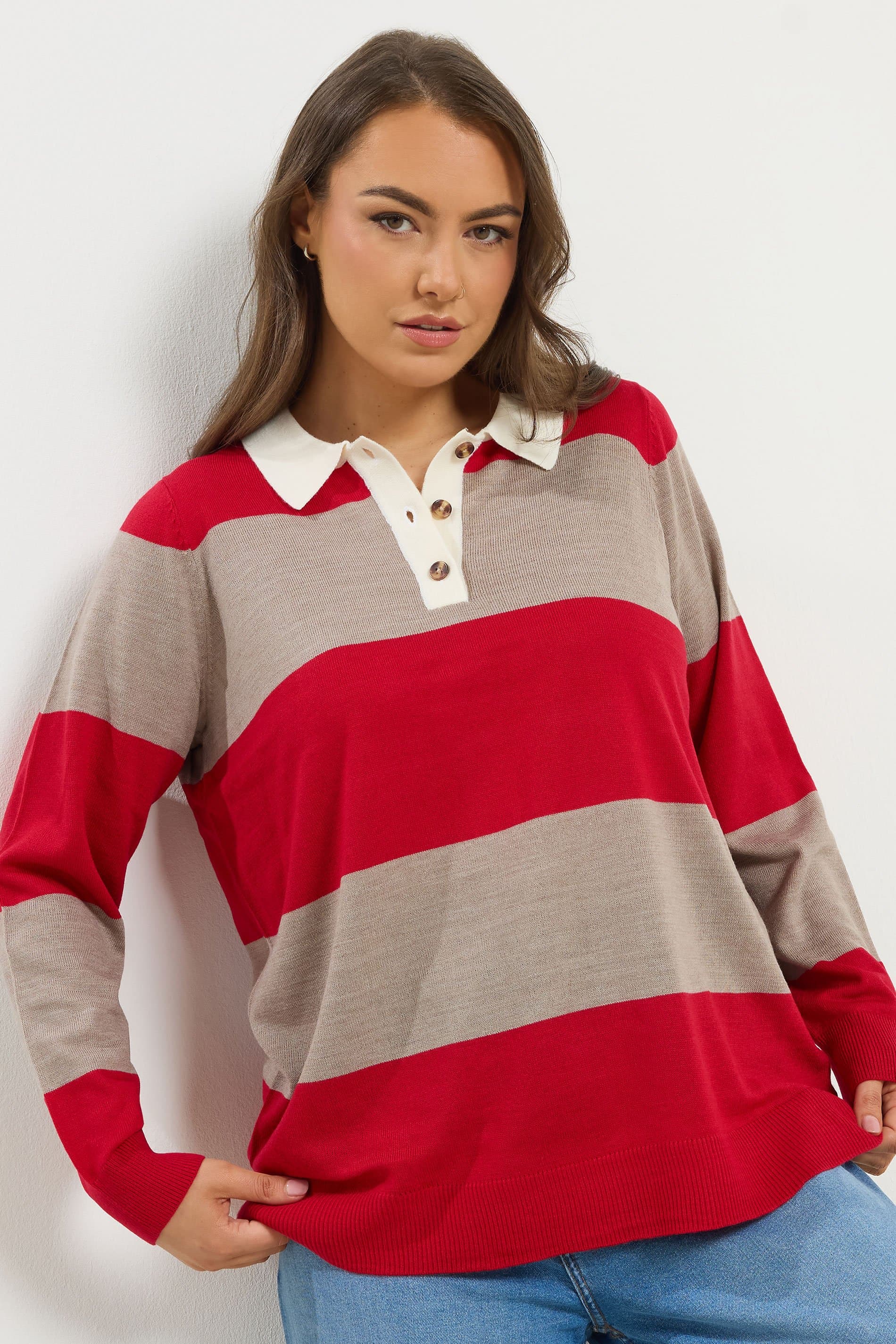 Yours Plus Size Red Stripe Rugby Collar Jumper