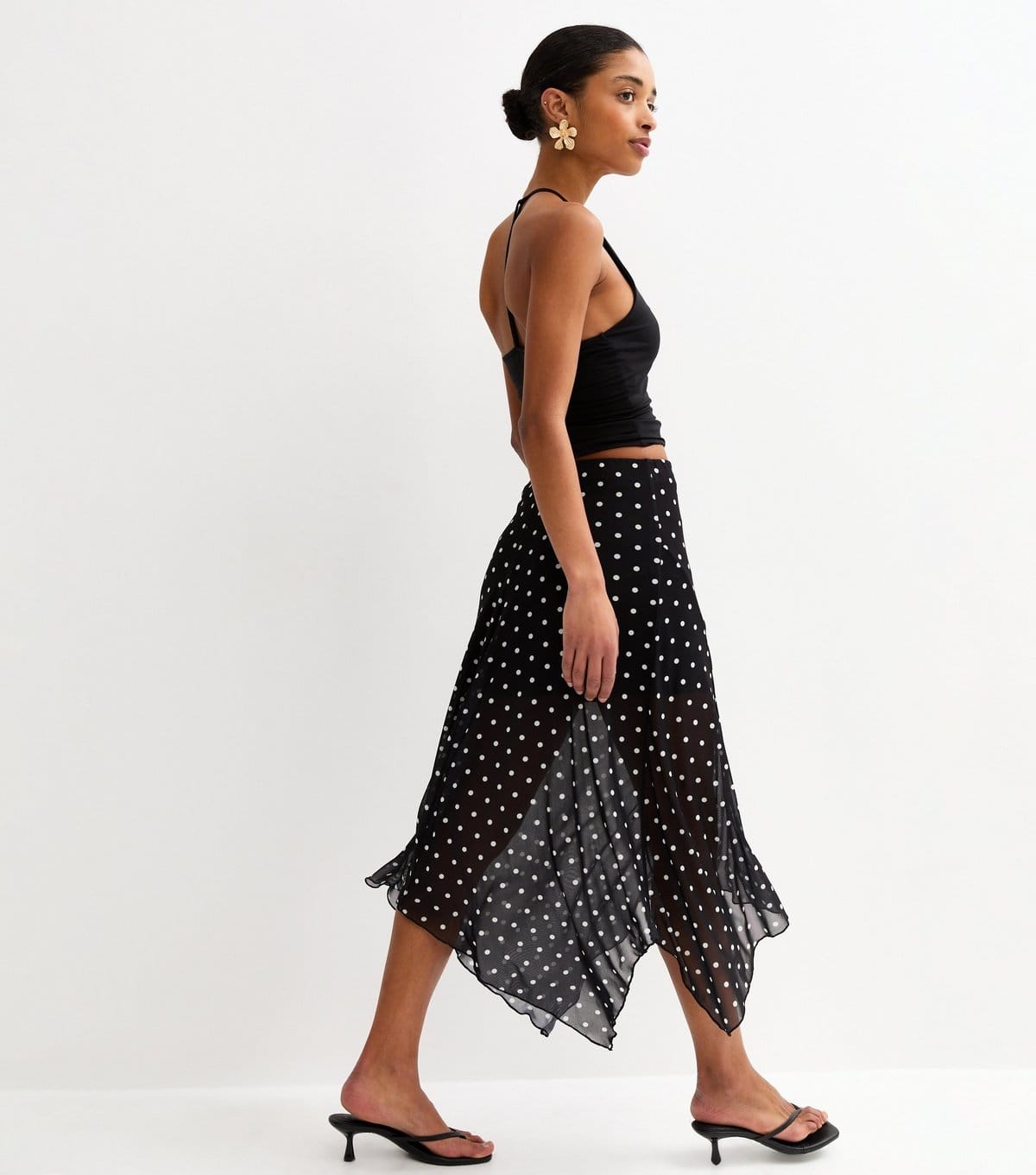 New Look Women's Black Mesh Polka Dot Hanky Hem Midi Skirt New Look - 4