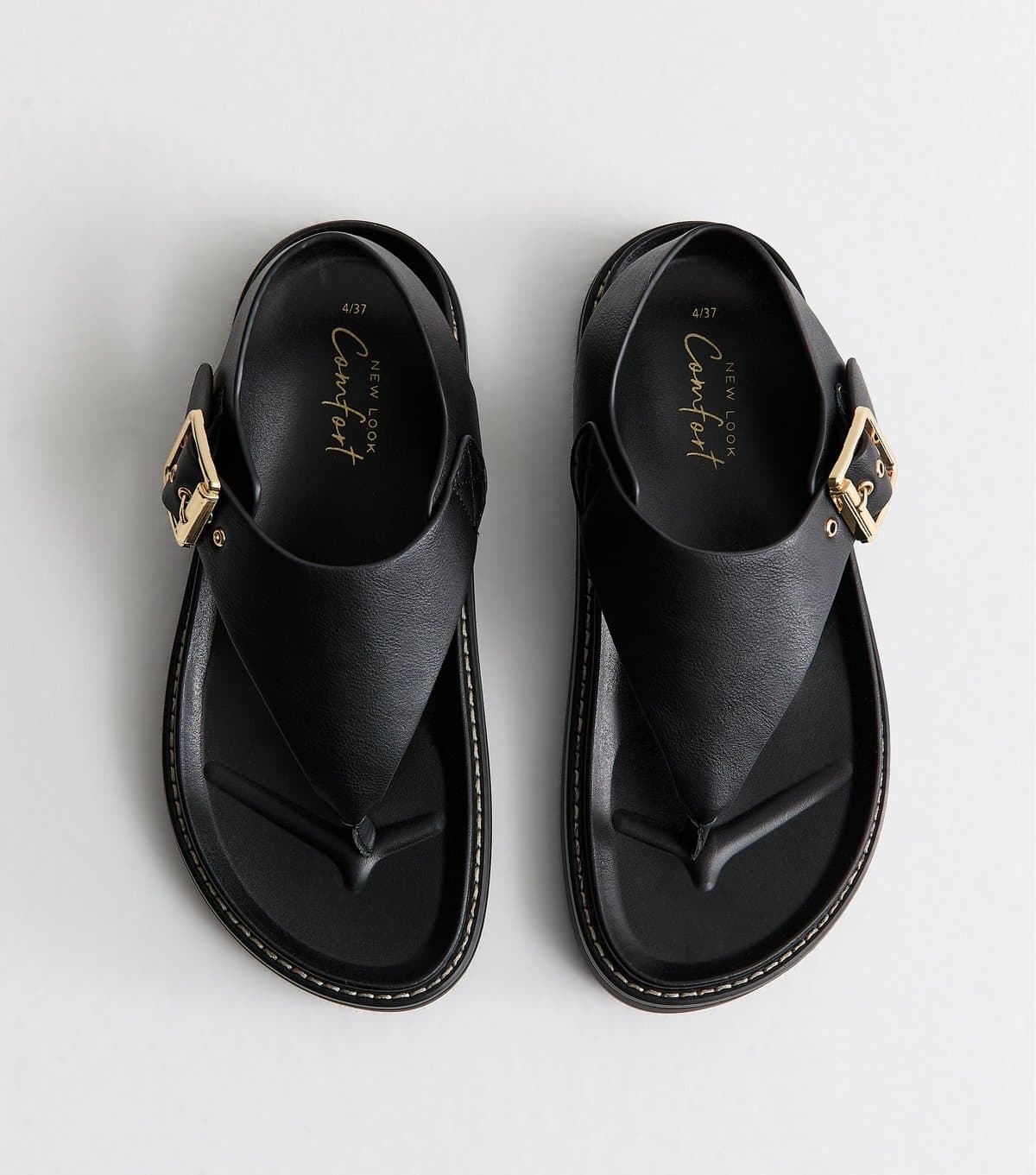 New Look Women's Black Faux Leather Toe Post Chunky Flat Sandals Vegan New Look