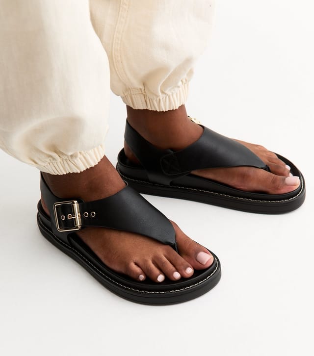 New Look Women's Black Faux Leather Toe Post Chunky Flat Sandals Vegan New Look - 2