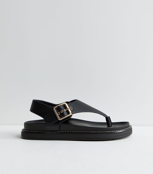 New Look Women's Black Faux Leather Toe Post Chunky Flat Sandals Vegan New Look - 3