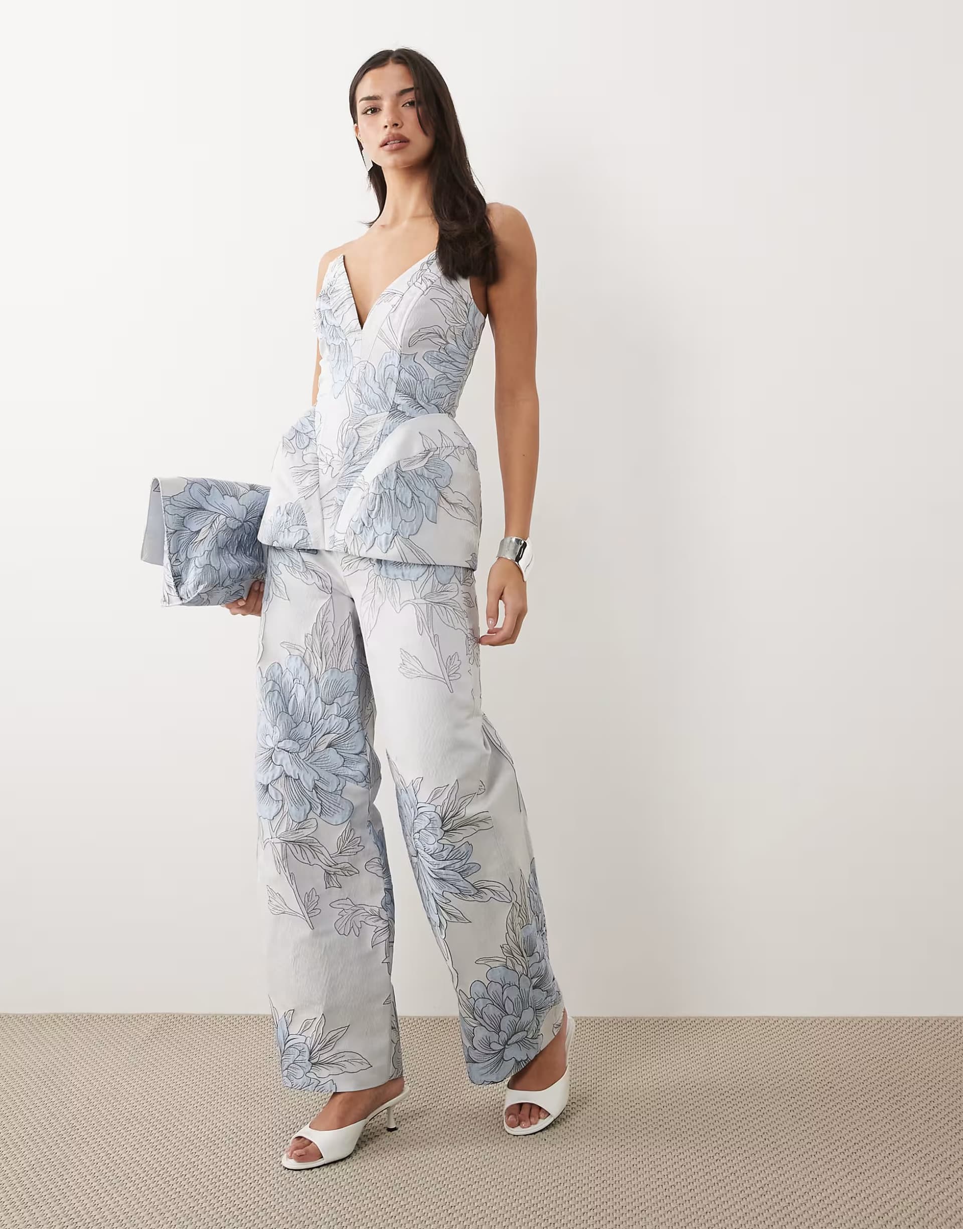 ASOS ASOS LUXE co-ord sculpted jacquard top, barrel trouser and soft fold over clutch in blue floral