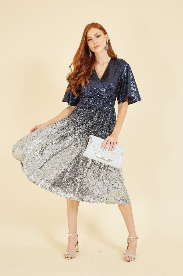 Yumi Yumi Women's Navy & Silver Ombre Sequin Midi Wrap Dress - 2
