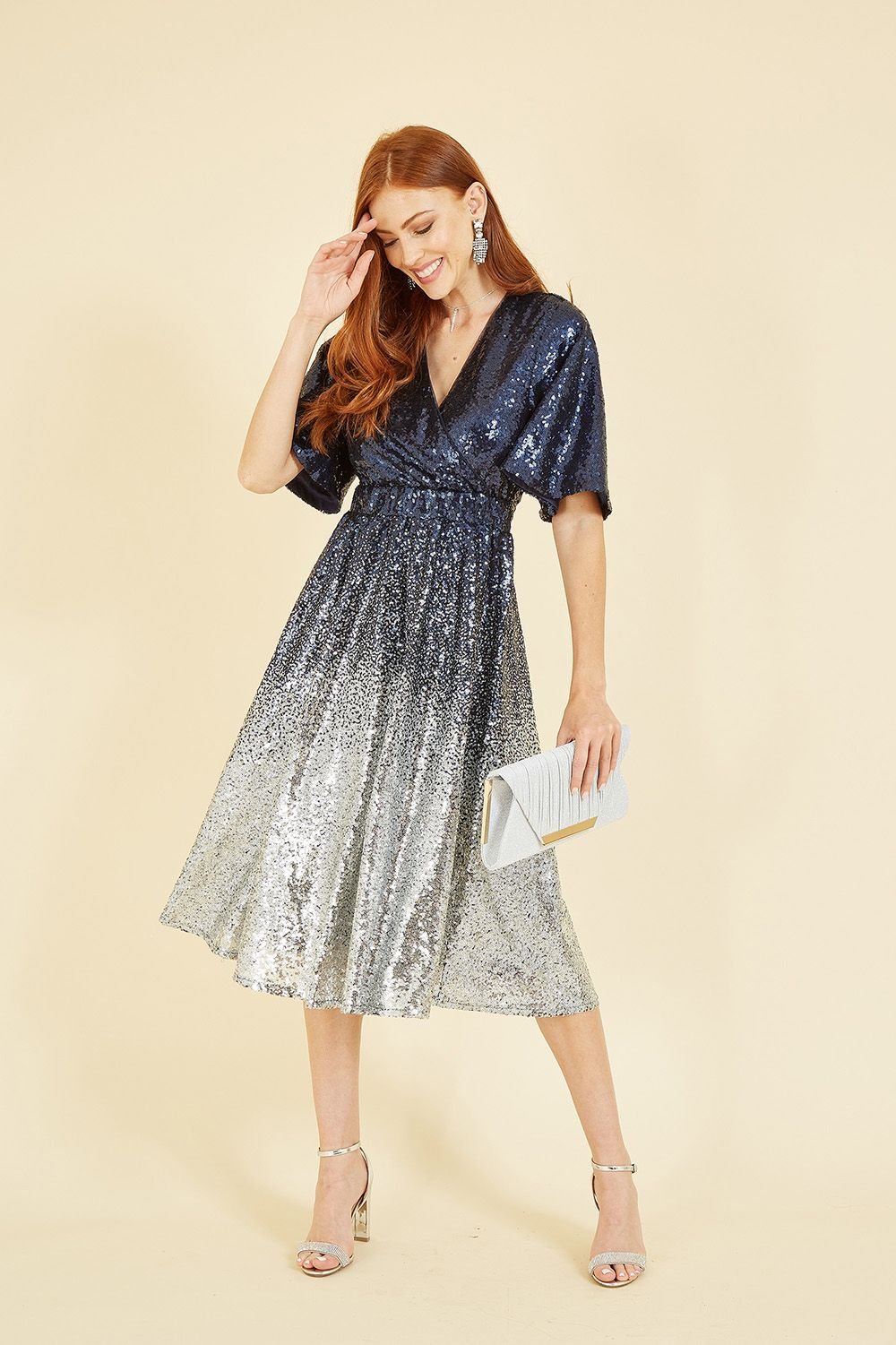 Yumi Yumi Women's Navy & Silver Ombre Sequin Midi Wrap Dress - 3