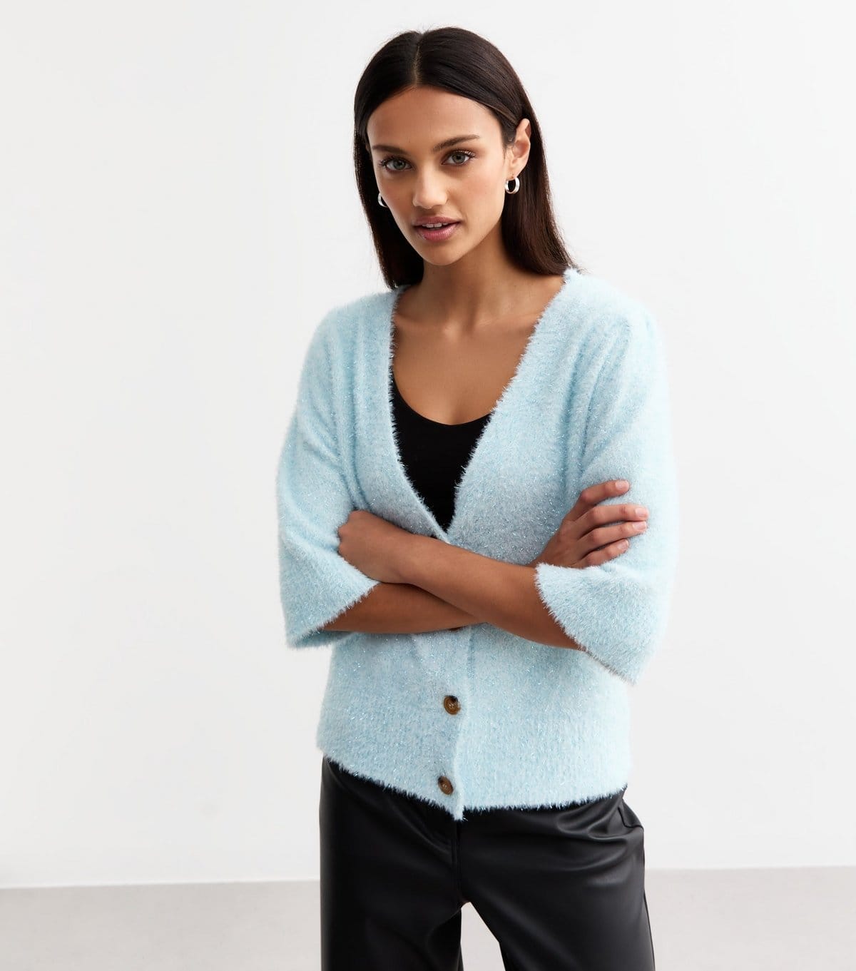 Sunshine Soul Blue Sparkly Knit V-Neck Cardigan