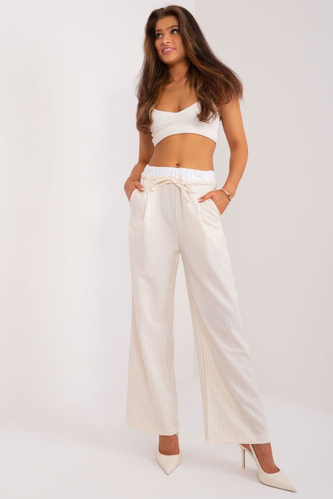 Love Lace Love Lace Women's Italian Stripe High Waisted Palazzo Trousers in Beige