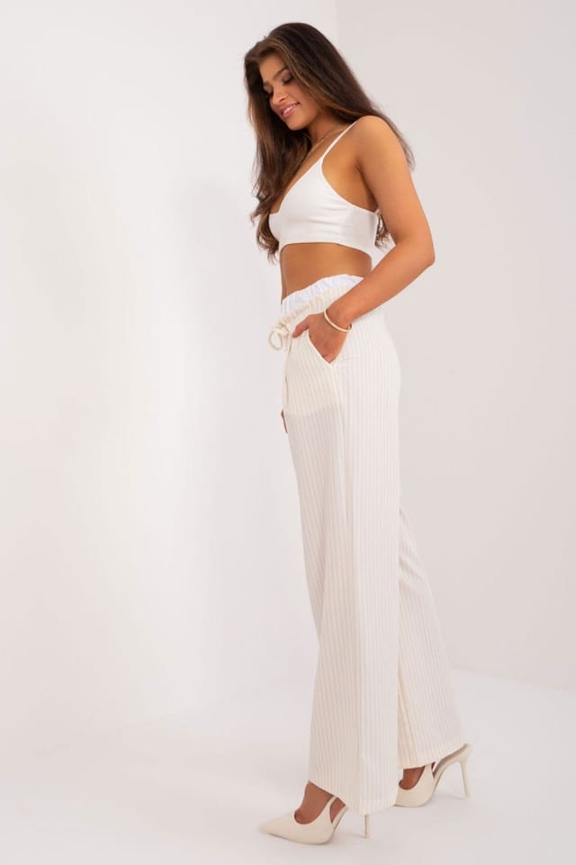 Love Lace Love Lace Women's Italian Stripe High Waisted Palazzo Trousers in Beige - 2