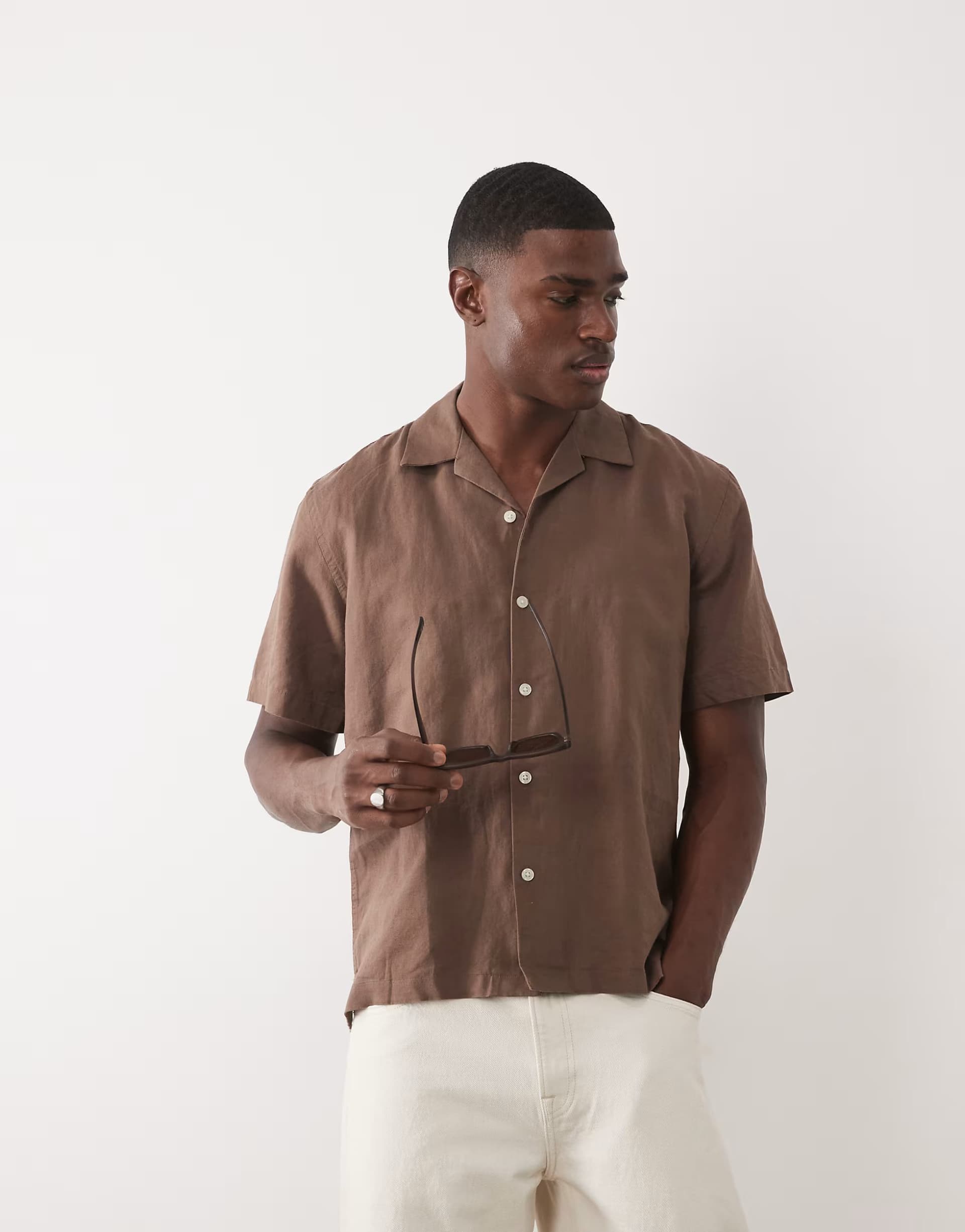 ASOS Selected linen blend short sleeve shirt in brown