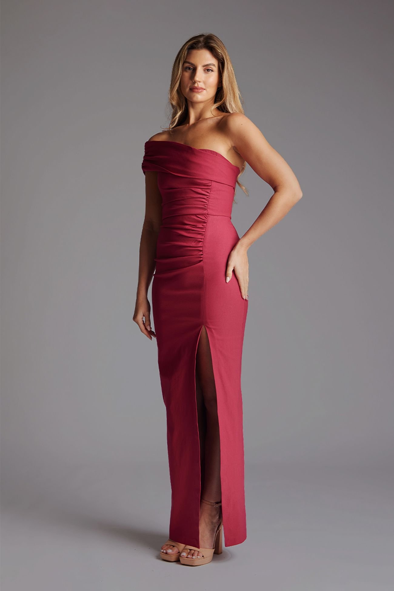 Vesper Vesper Women's Off the Shoulder Ruched Maxi Dress in Raspberry - 2