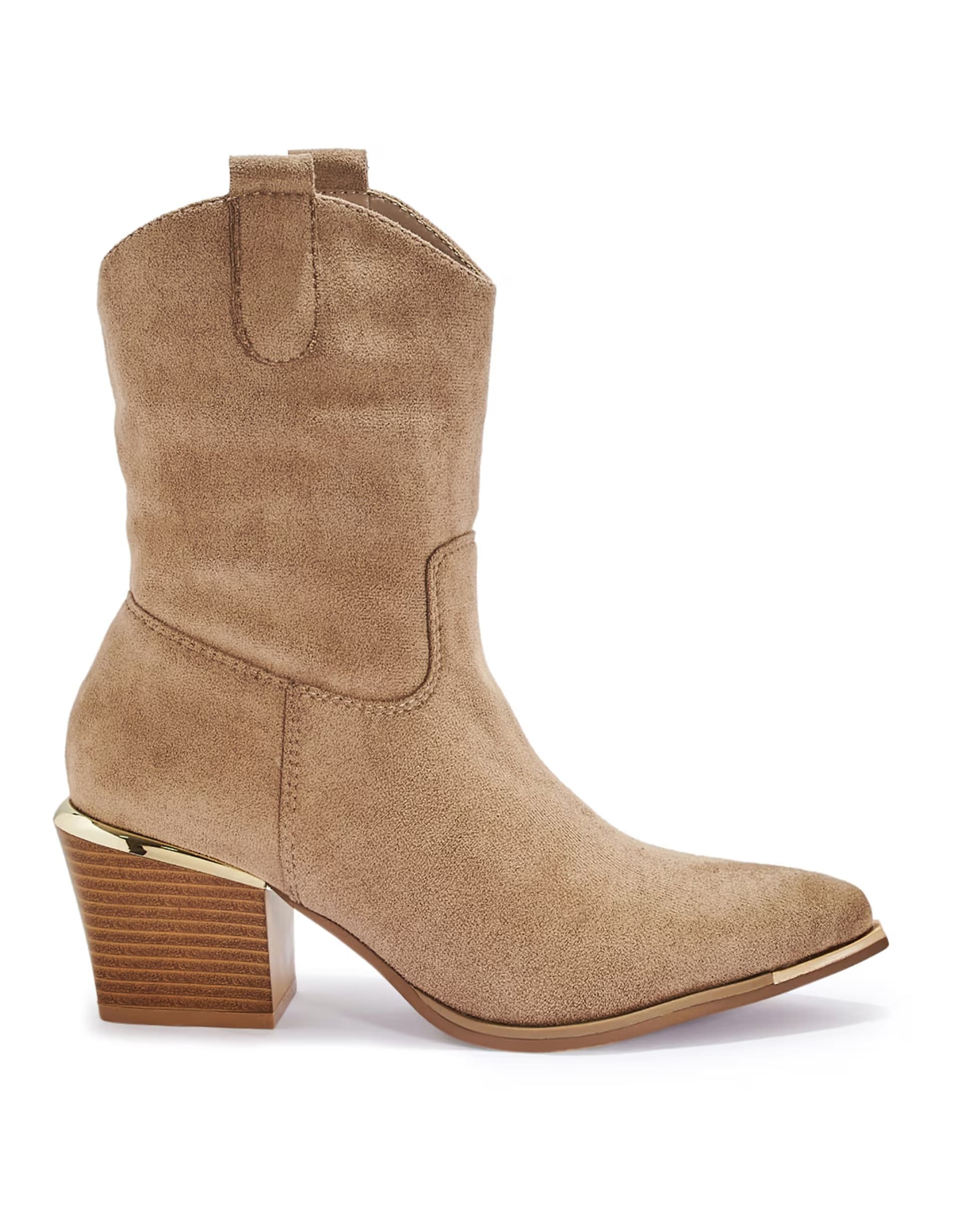 ASOS SEQWL Western cowboy calf boots with pointed toe and block heel in taupe