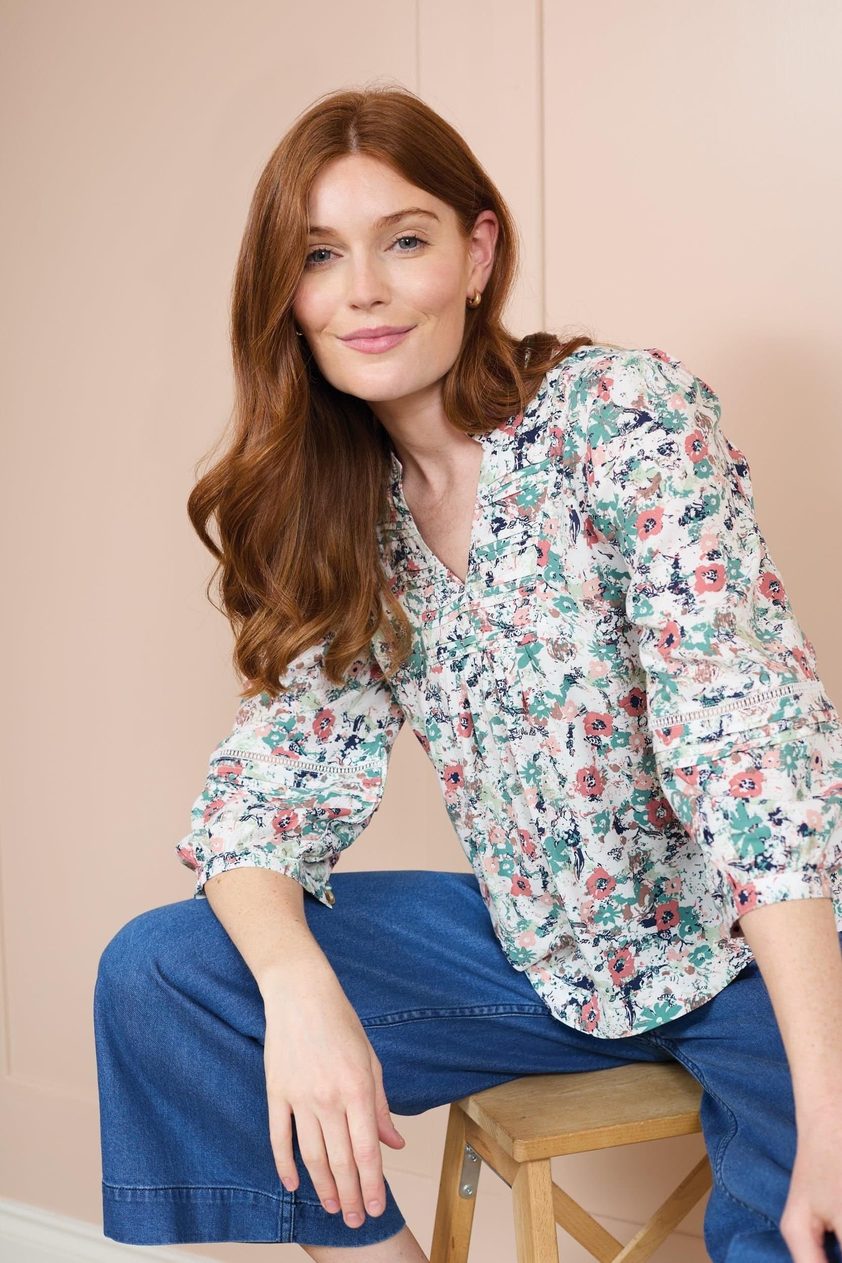 Lily & Me Lily & Me Women's Marie Printed Pintuck Blouse in Ecru