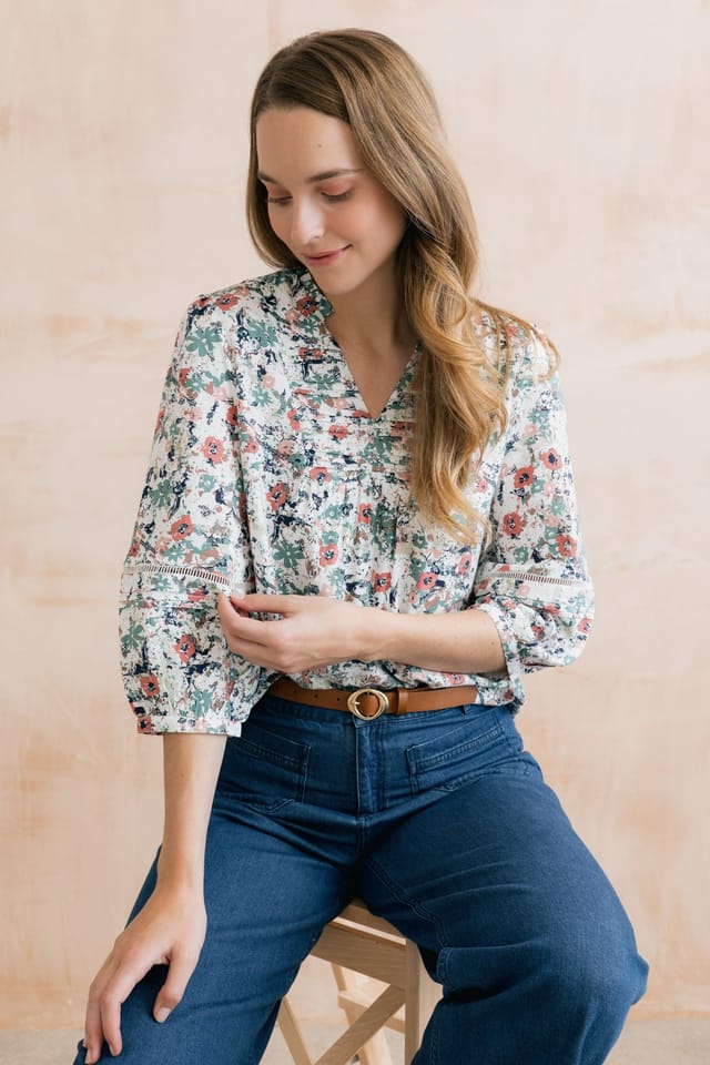 Lily & Me Lily & Me Women's Marie Printed Pintuck Blouse in Ecru - 2