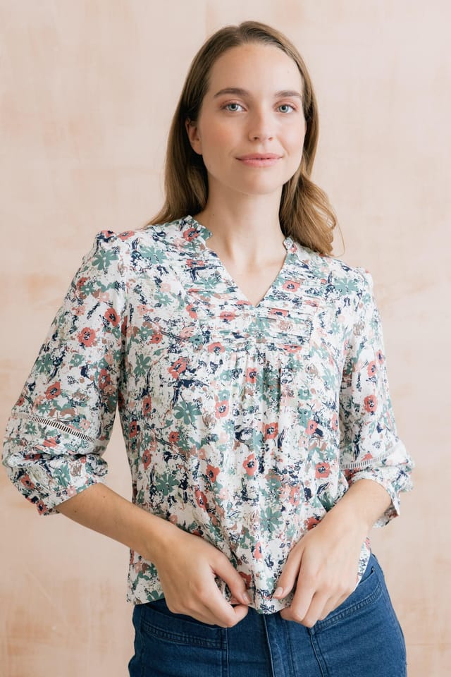 Lily & Me Lily & Me Women's Marie Printed Pintuck Blouse in Ecru - 3
