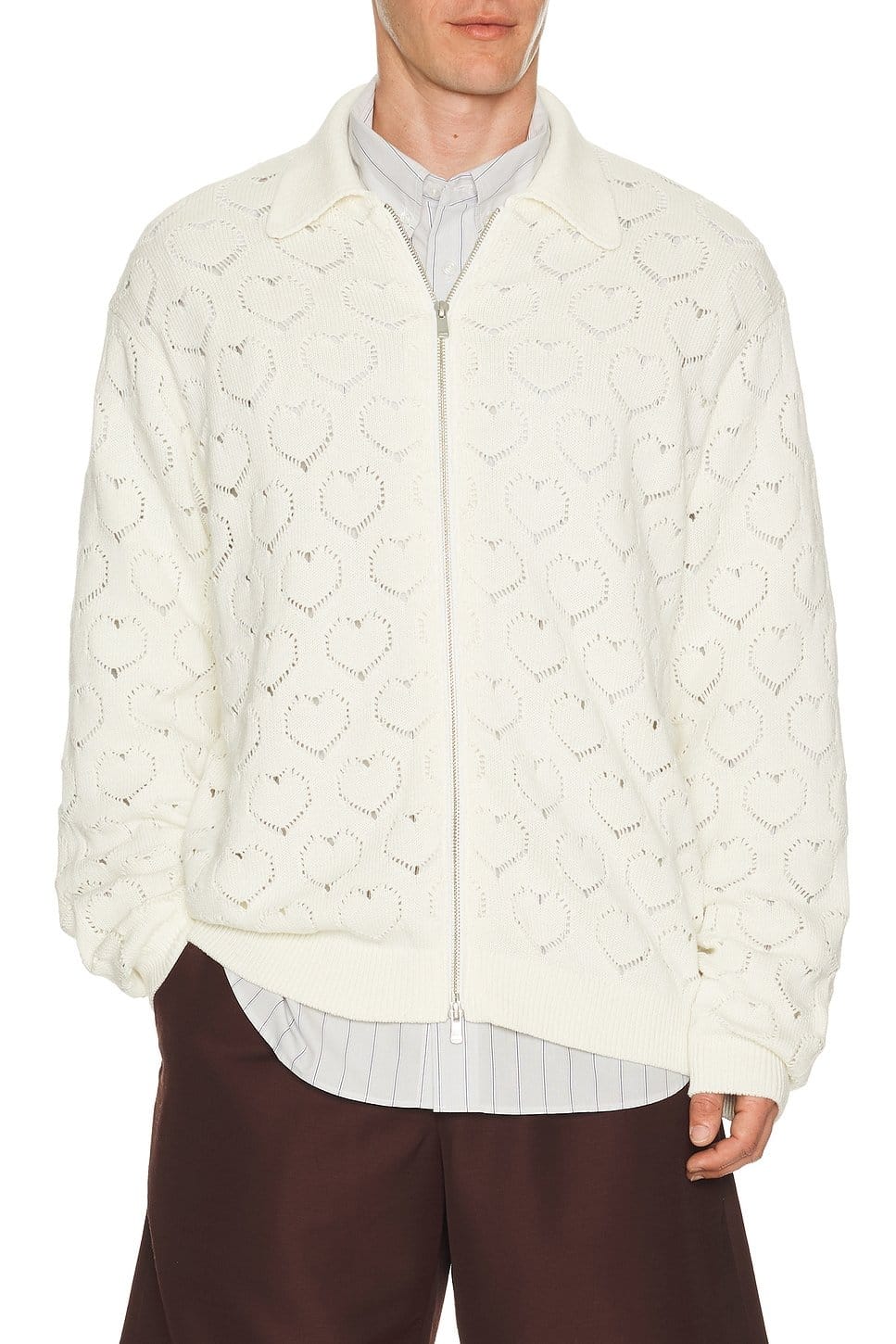 Revolve Cream Eyelet Knitted Zip Up
