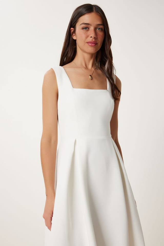 Happiness Istanbul Happiness Istanbul Women's Square Collar A-Form Midi Dress with Zipper Closure in White - 2