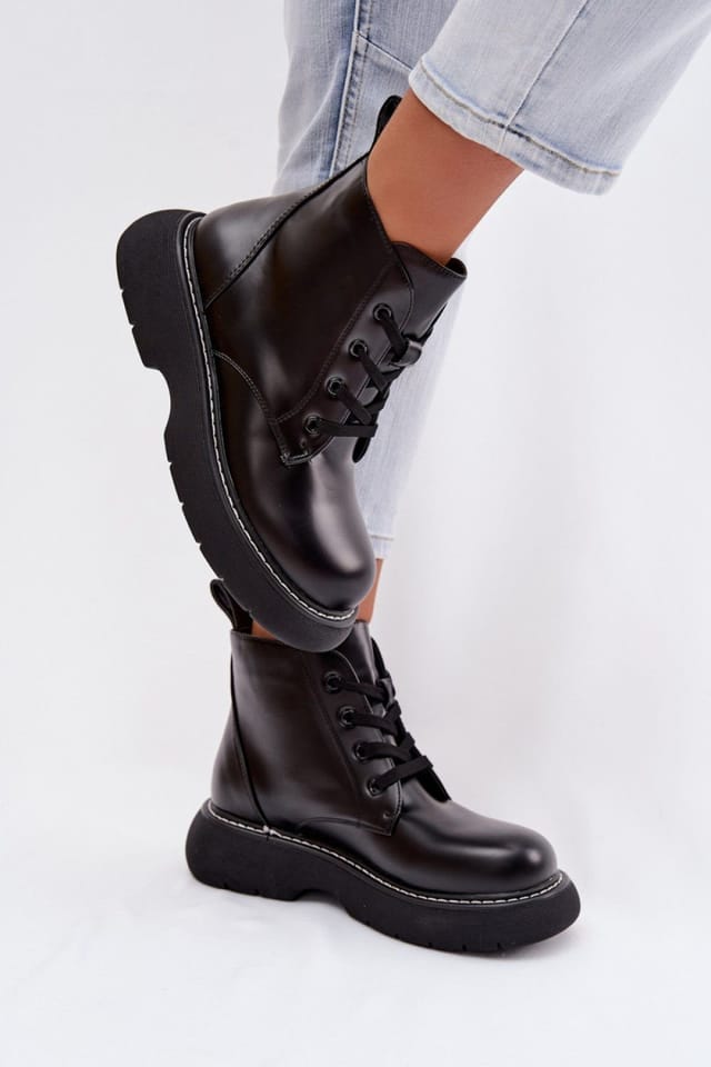 Love Lace Love Lace Women's Ankle Boots with Lace Up Warm Lined Comfort Platform Low in Black - 3
