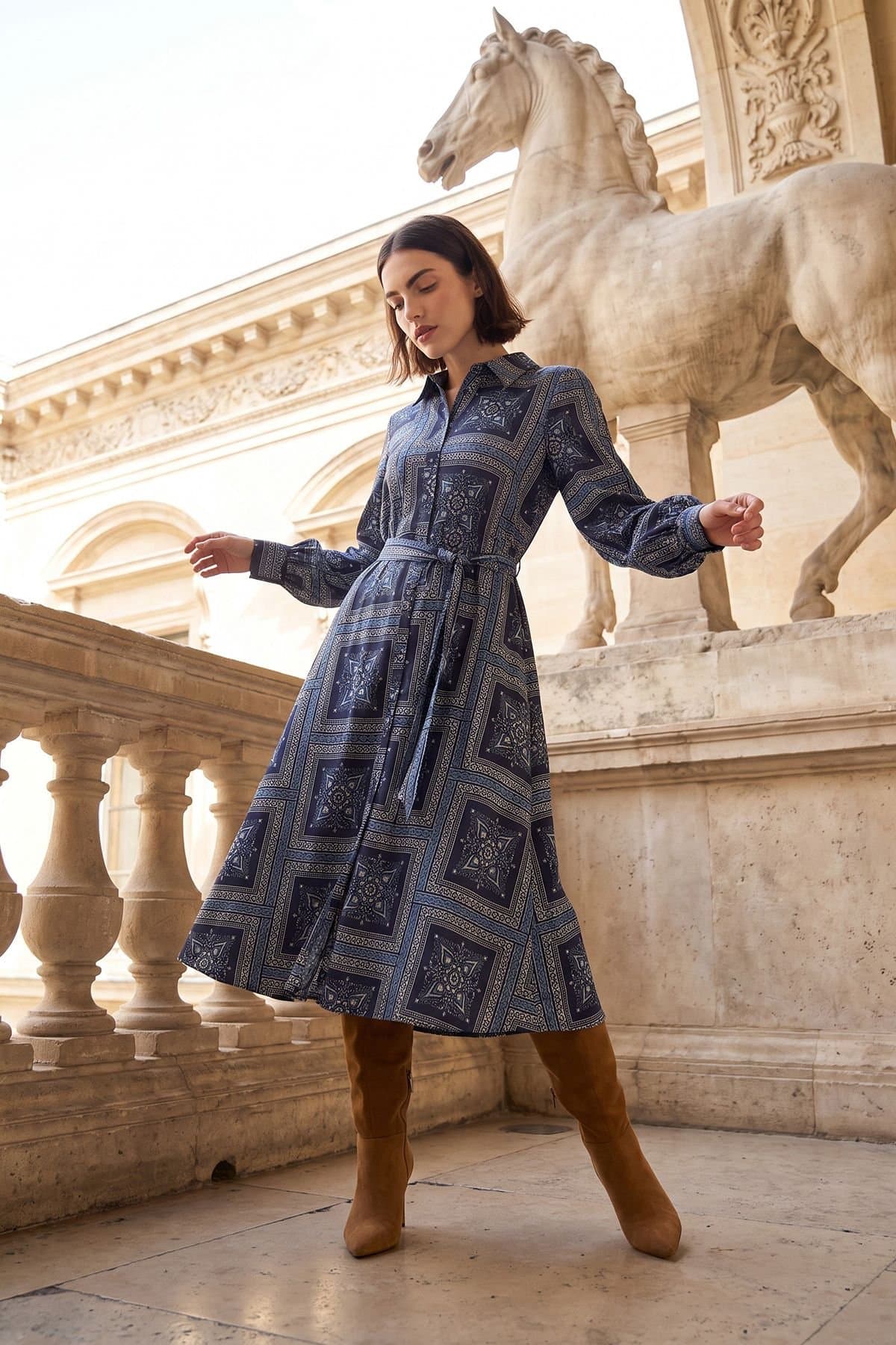Wallis Wallis Women's Scarf Print Relaced Shirt Dress in Navy