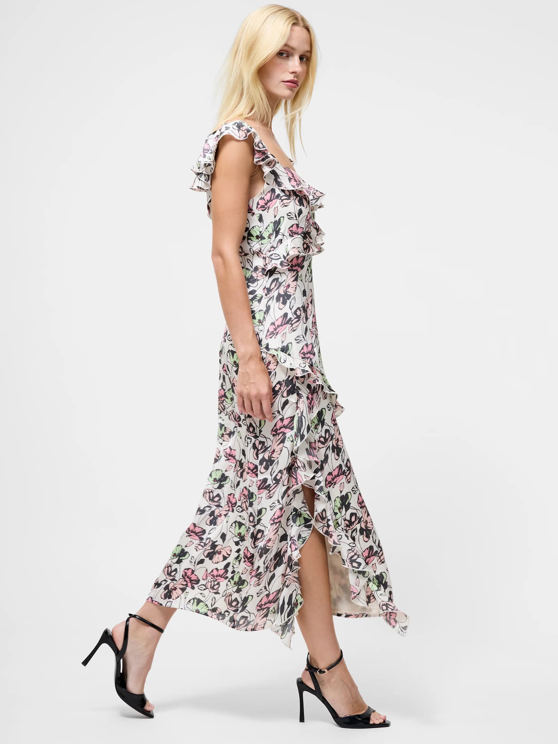 French Connection Ellie Kelsy Ruffled Slit Midi Dress Cream Multi Floral Print