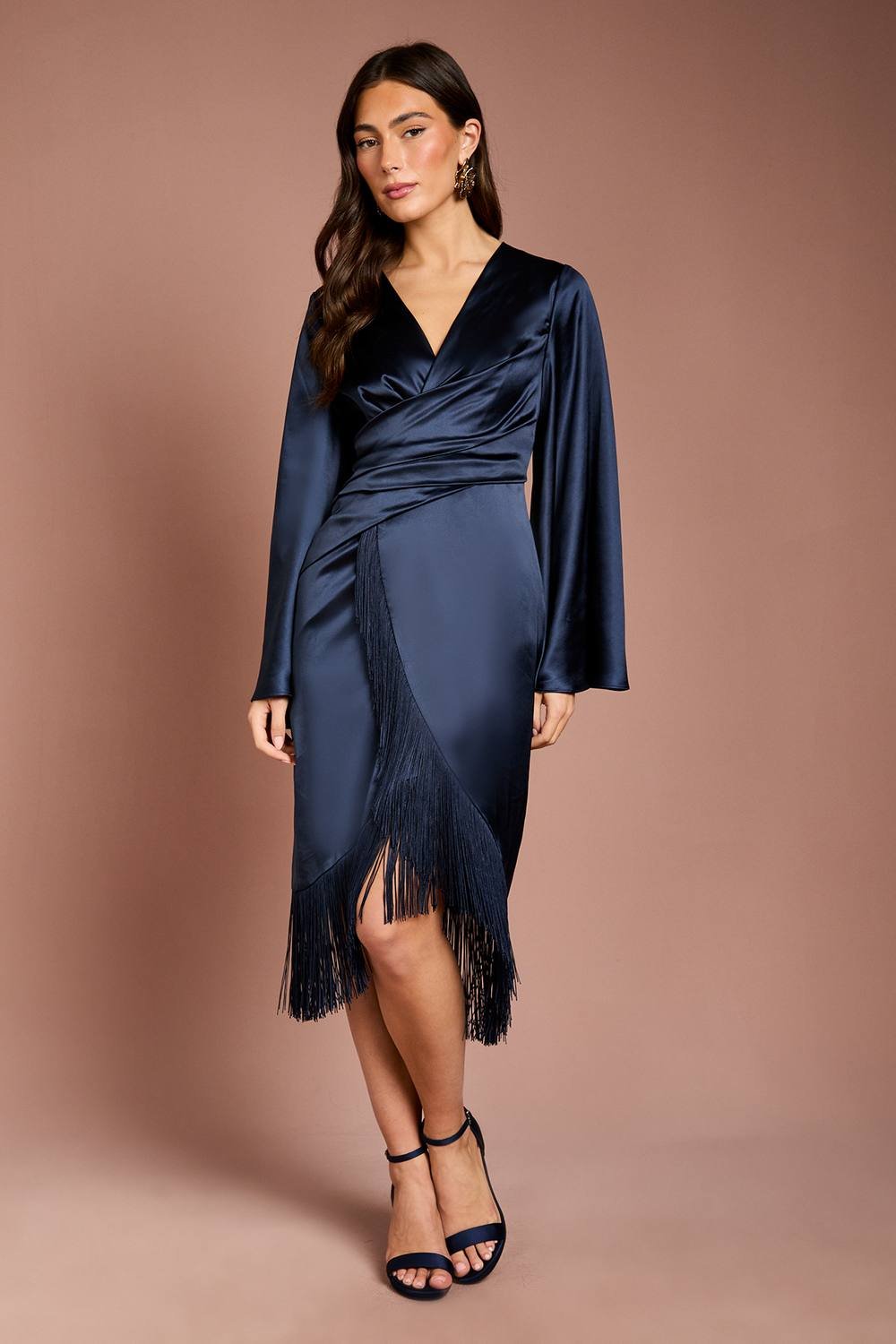 Coast Coast Women's Satin Fringe Hem Wrap Waist Midi Dress in Navy - 2