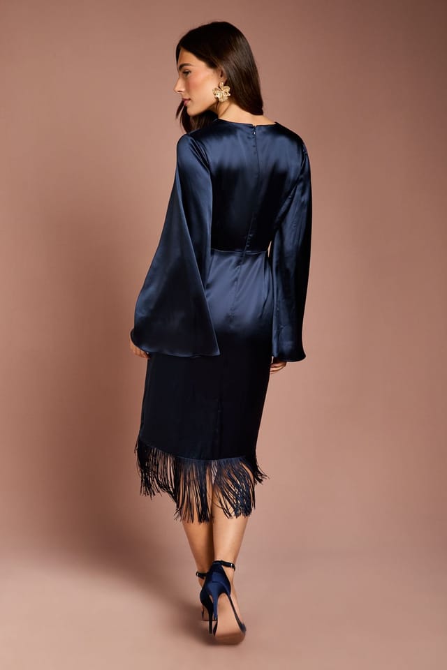 Coast Coast Women's Satin Fringe Hem Wrap Waist Midi Dress in Navy - 3