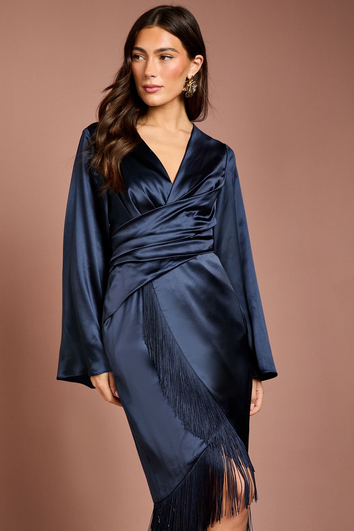 Coast Coast Women's Satin Fringe Hem Wrap Waist Midi Dress in Navy - 4