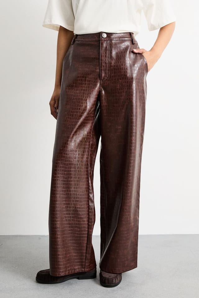 Warehouse Warehouse Women's Faux Leather Croc Embossed PU Straight Leg in Chocolate - 2