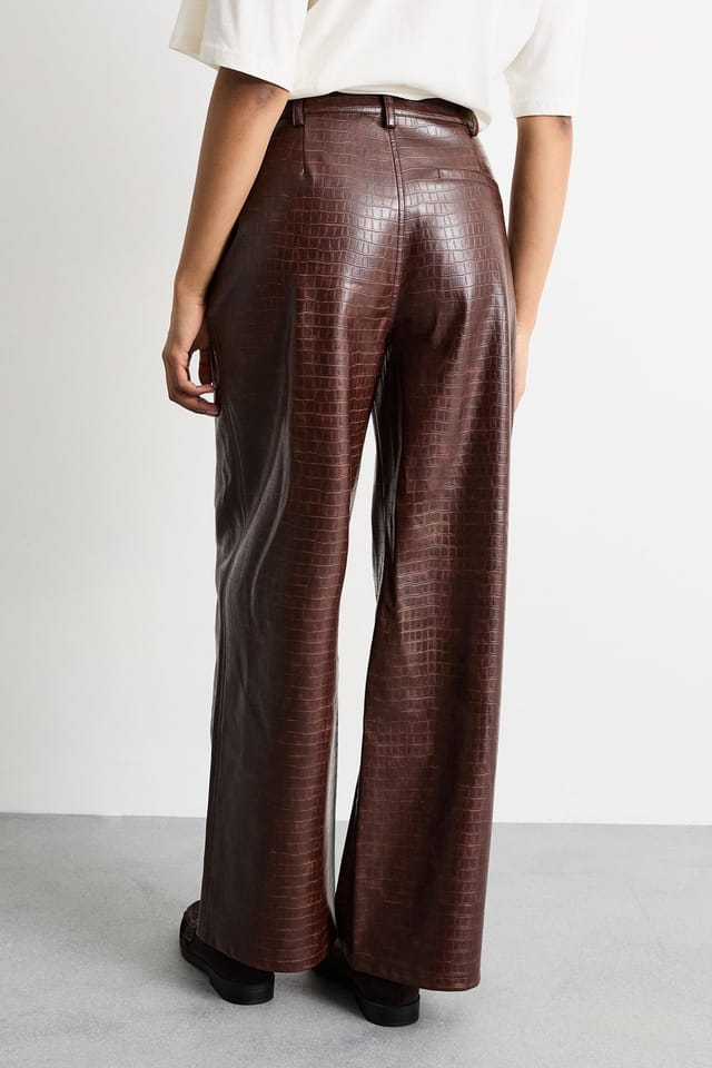 Warehouse Warehouse Women's Faux Leather Croc Embossed PU Straight Leg in Chocolate - 3