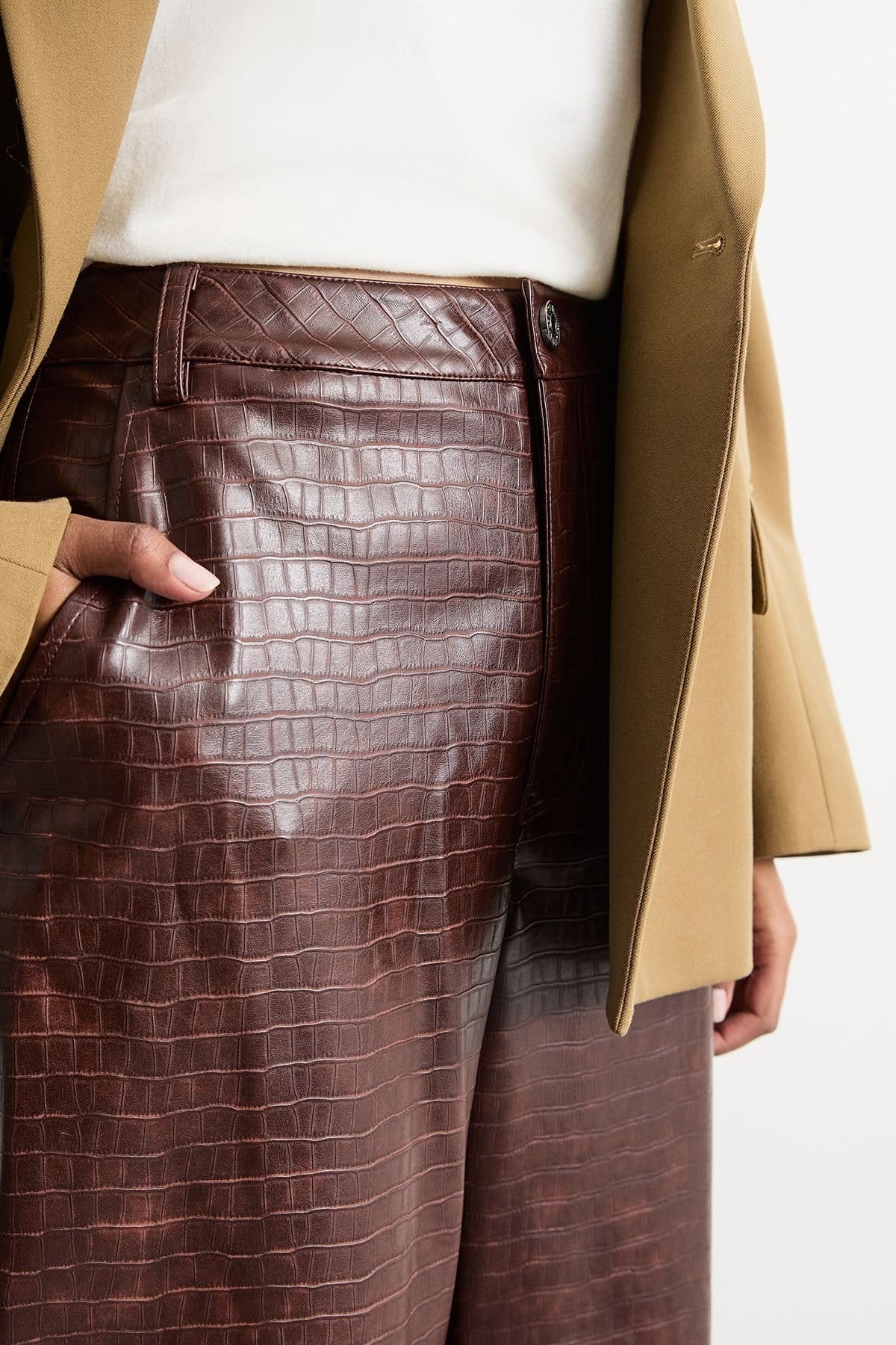 Warehouse Warehouse Women's Faux Leather Croc Embossed PU Straight Leg in Chocolate - 4