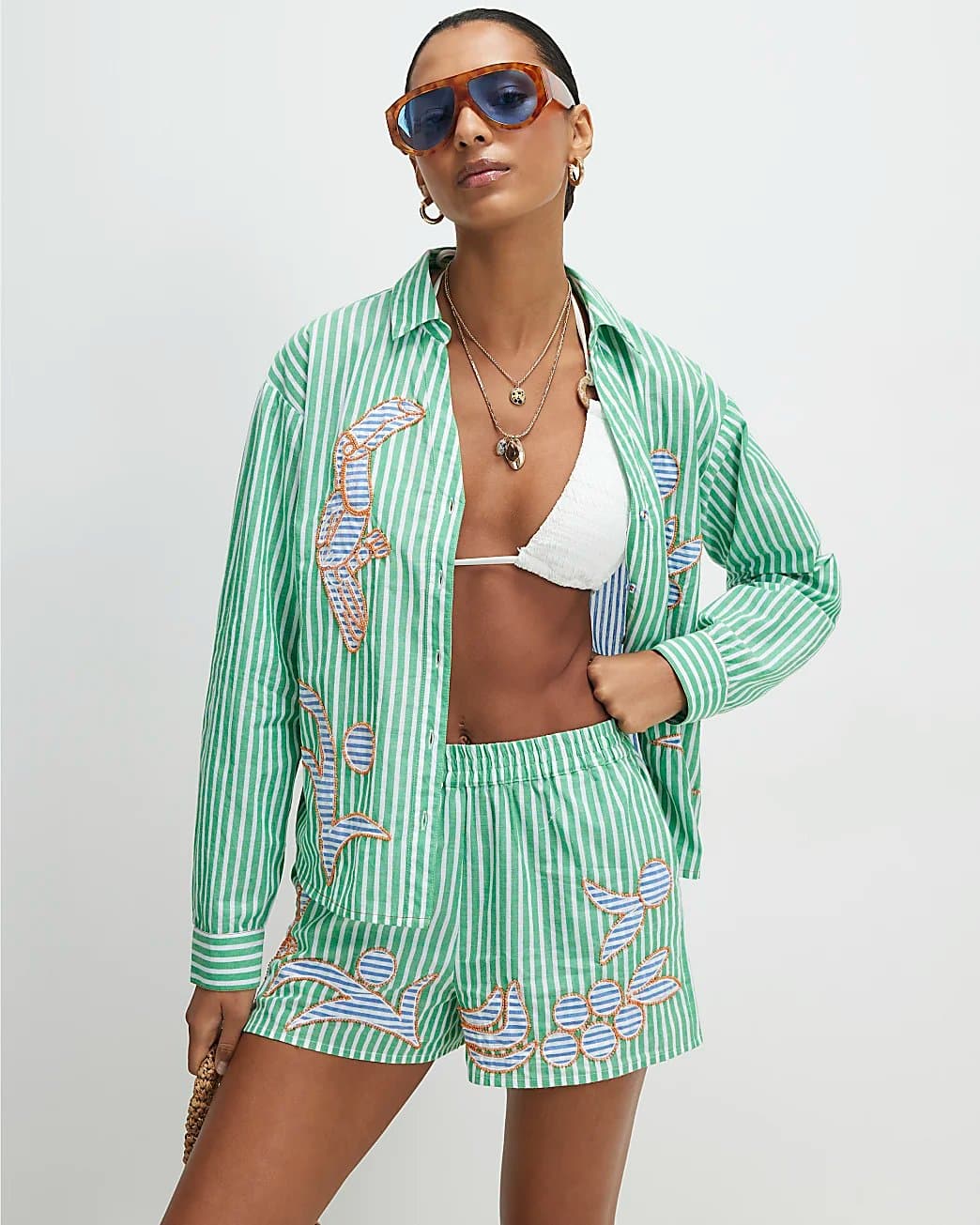 River Island River Island Womens Green Cotton Striped Toucan Beaded Shorts